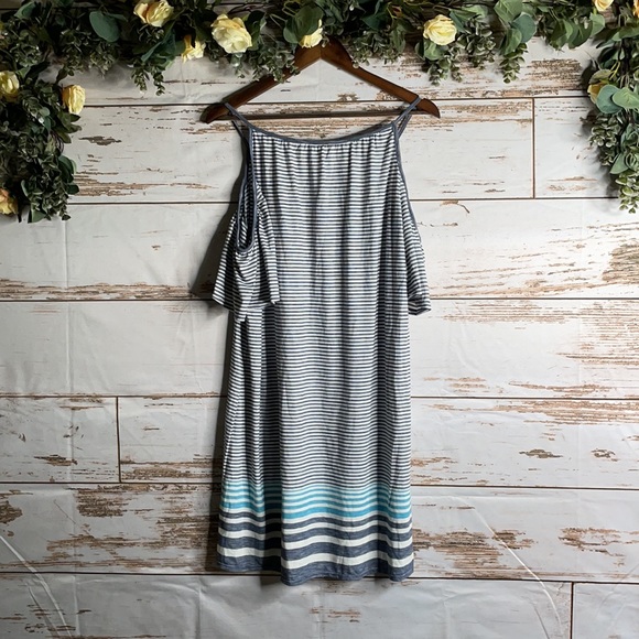 Max Studio Women's Blue Striped Cold Shoulder Dress - Picture 2 of 2